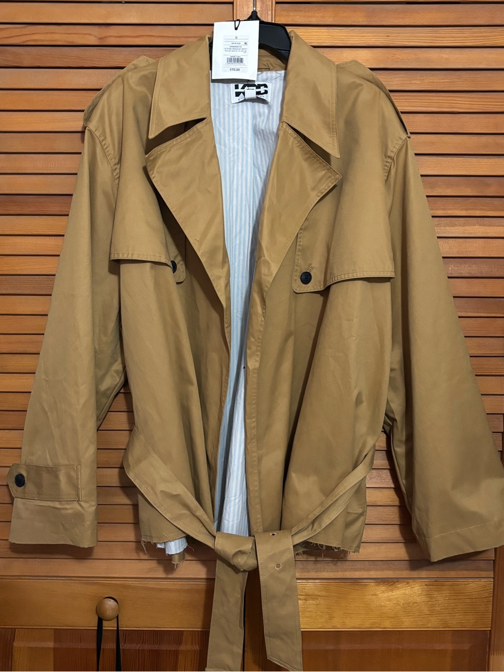 light brown, belted cropped trench jacket By KBB